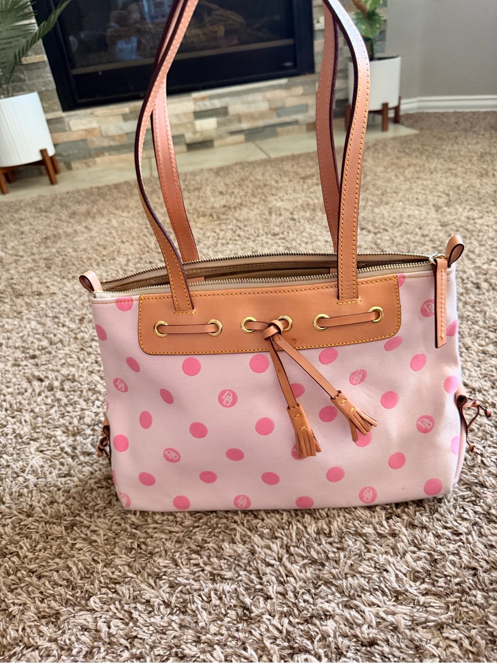 Dooney & Bourke Pink Polka Dot Tassel Shopper Tote Y2K